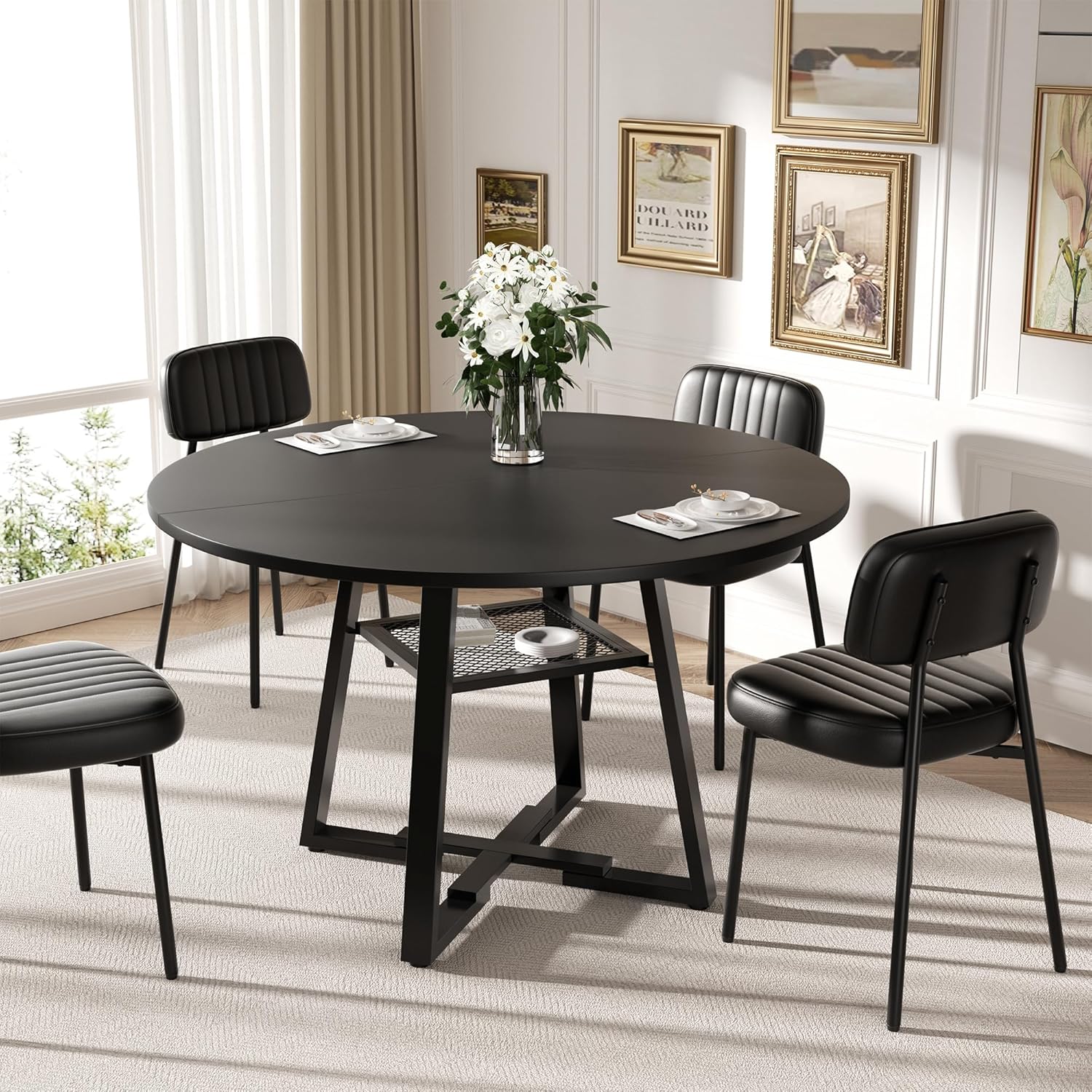 YUUIJOAA Round Dining Table for 2-4 People,42 Inch Dining Room Table,Modern Circle Kitchen Table with Storage Shelf and Metal Legs for Dining Room,Kitchen,Black (Table Only)